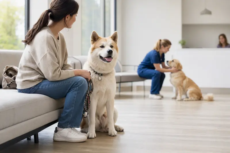 Japanischer Akita sitzt ruhig neben seinem Besitzer im hellen Wartezimmer einer modernen Tierarztpraxis.